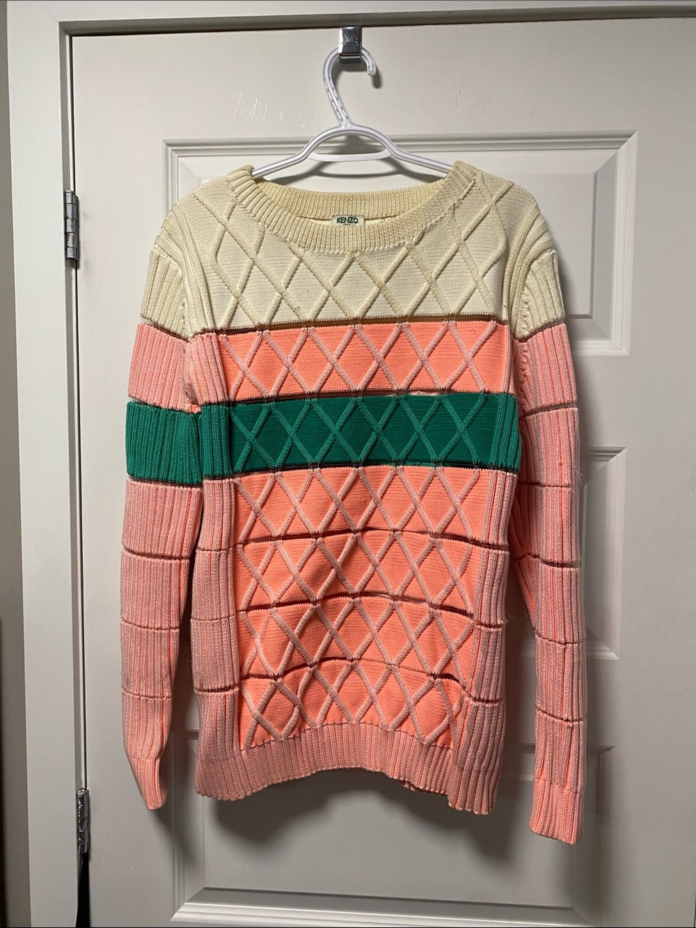 Kenzo Cream, Peach & Green Diamond-Textured Crewneck Sweater with Floating Panel